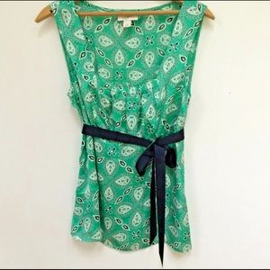 LOFT top green paisley tank ribbon belt.